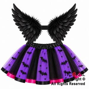SET ALAS CON PLUMAS Y POLLERA VIOLETA CON MURCIELAGOS (9594A)